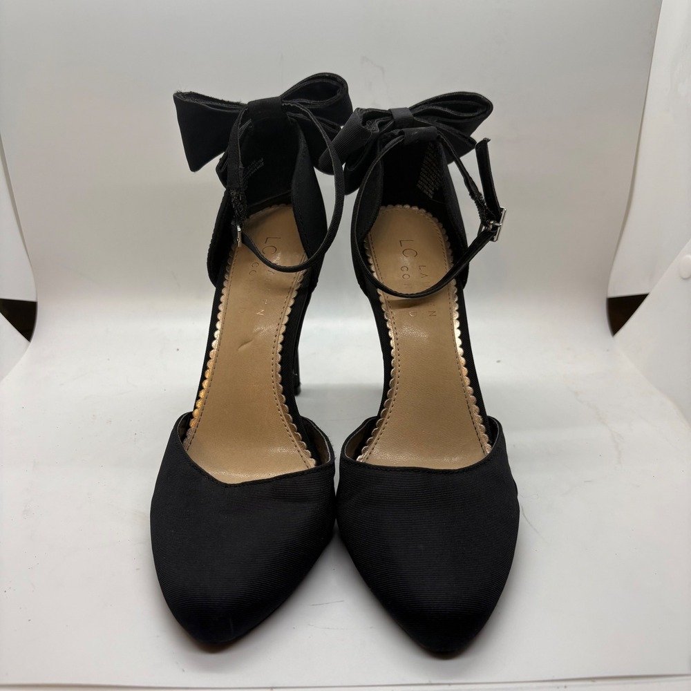 LC Lauren Conrad Black Fabric Bow Ankle Strap Pointed Toe Stiletto Pumps Heels